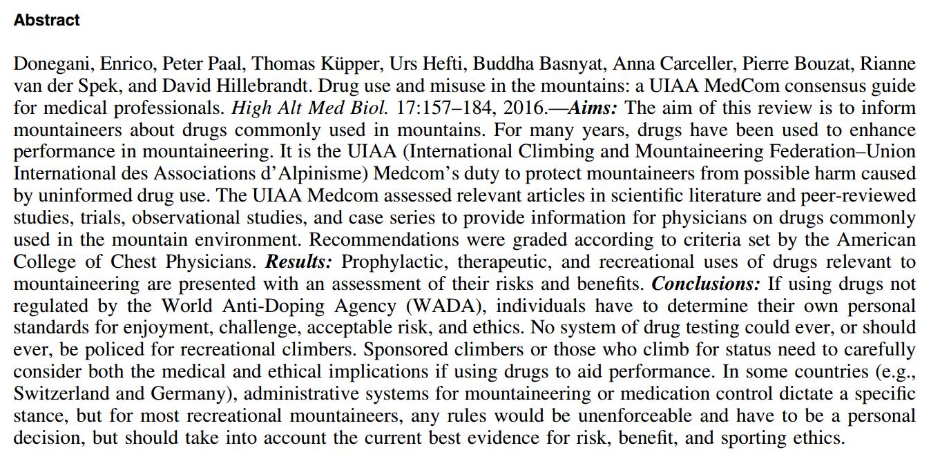Drug Use and Misuse in the Mountains: A UIAA MedCom Consensus Guide for Medical Professionals