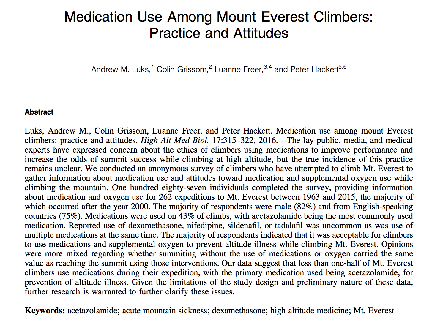Medication Use Among Everest Climbers