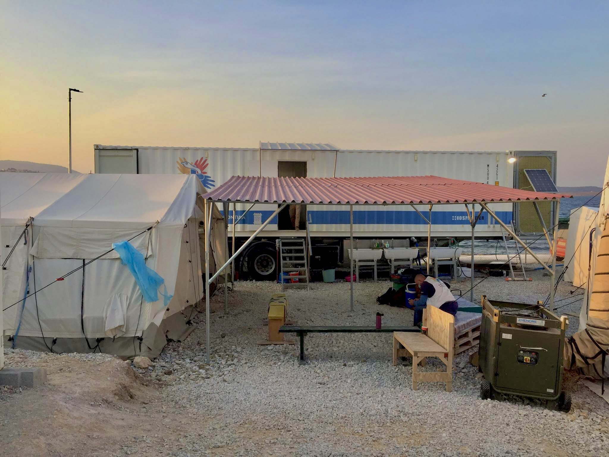 Sunset at a refugee camp in Lesvos, Greece