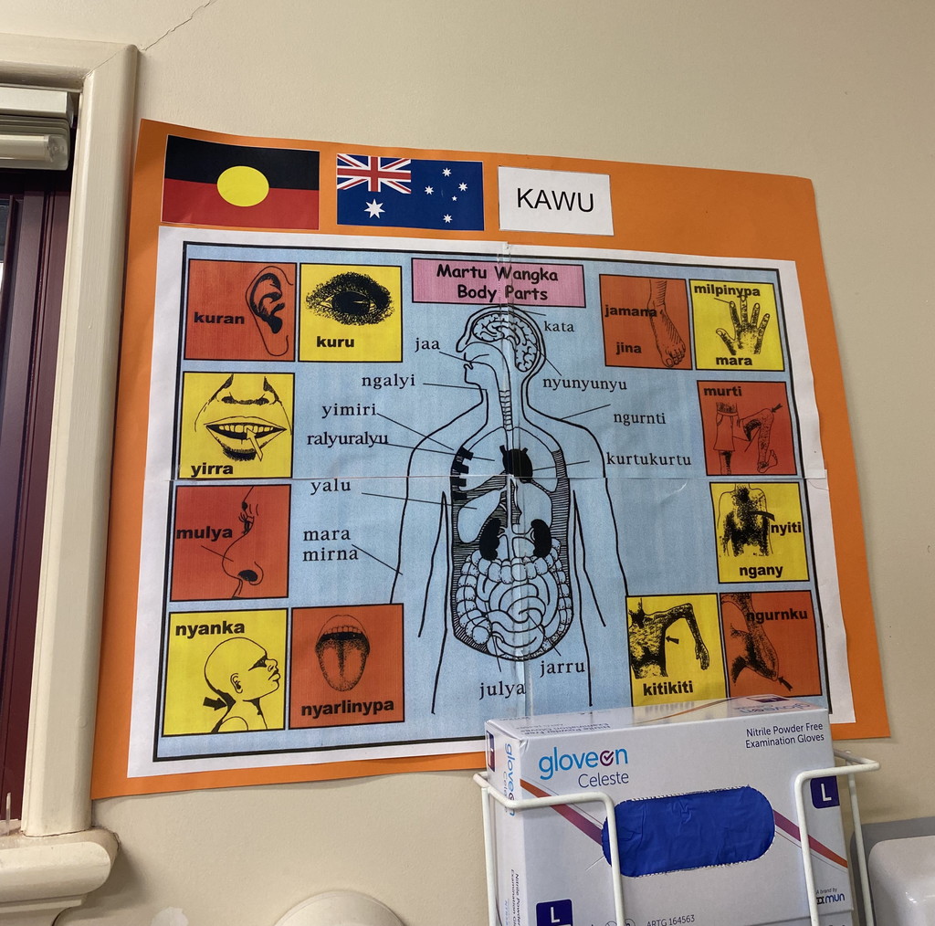 A poster describing the Martu Wangka words for various body parts. Martu Wangka is an Aboriginal language used in Western Australia.